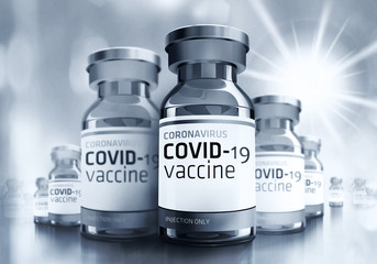 Coronavirus Vaccination concept.
3d rendering of covid-19 vaccine 
vials isolated over gray background.