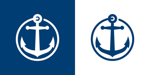Logotipo estilo nautical. Icono plano ancla en círculo lineal como cuerda en fondo azul marino y blanco