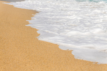 morska piana na gorącym żółtym piasku morskim - obrazy, fototapety, plakaty