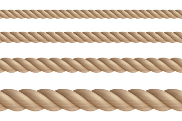Set, 3d realistic marine cord. Twisted ropes isolated on white background. Hemp or jute nautical hawser. Vector illustration.