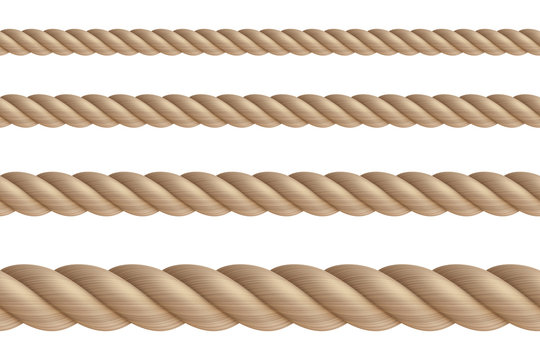 Set, 3d realistic marine cord. Twisted ropes isolated on white background. Hemp or jute nautical hawser. Vector illustration.