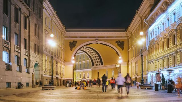 Time lapse Arch of General Staff Building on Bolshaya Morskaya Street to Palace Square in Saint Petersburg city in night