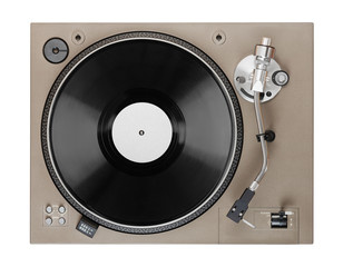 old turntable with lp vinyl record top view. Clipping path.