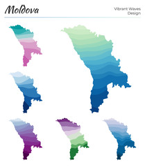 Set of vector maps of Moldova. Vibrant waves design. Bright map of the country in geometric smooth curves style. Multicolored Moldova map for your design. Powerful vector illustration.