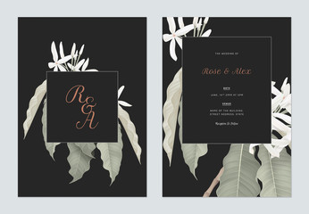Floral wedding invitation card template design, Medicinal Kopsia flowers with leaves on dark grey