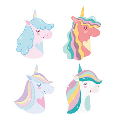 cute unicorns magic fantasy cartoon rainbow horns mane portrait icons