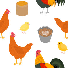 Seamless pattern chicken rooster chickens feed nest eggs grass vector illustration