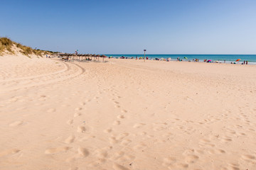 La Barrosa beach in Sancti Petri, Cádiz, with a large amount of sand without water as the tide is low