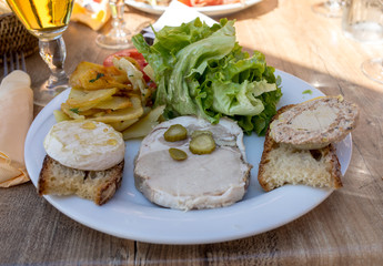 Foie gras on white plate in  La Roque-Gageac, Dordogne , France