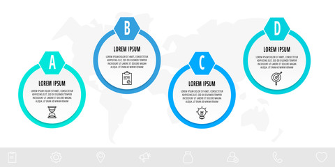 Infographics circles with 4 steps, icons. Flat line vector template. Can be used for four business, web, banner, workflow layout, flowchart, info graph, timeline, content, chart, processes diagram.