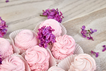 Obraz na płótnie Canvas Violet sweet homemade marshmallow from blackcurrant near lilac flowers