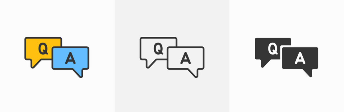 Question and answer line icon designed as faq outline symbol with q and a letter in thin black line, solid, and blue and yellow speak bubble. Flat outline ask and explain forum vector logo clipart V1