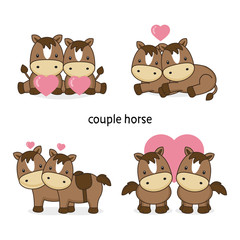 Cute couple horse fall in love in cartoon style.