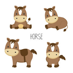 Set of cute horse in different poses in cartoon style. 