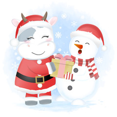 Santa Cow and Snowman holding gift box cartoon hand drawn watercolor illustration