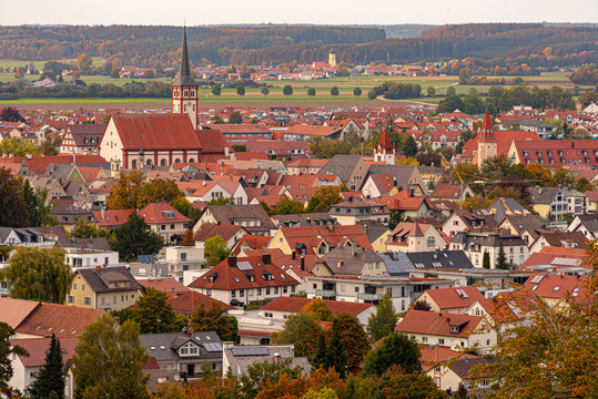 District town Mindelheim photographed from the Mindelburg. City in Germany