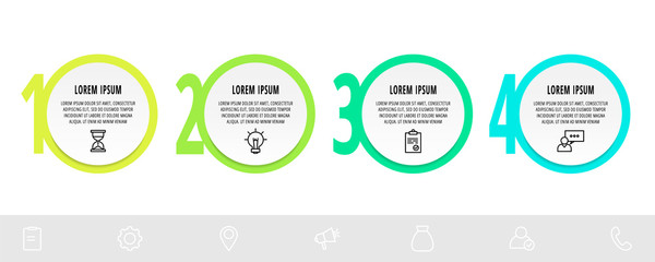 Infographics circles with 4 steps, icons. Flat line vector template. Can be used for four business, web, banner, workflow layout, flowchart, info graph, timeline, content, chart, processes diagram.