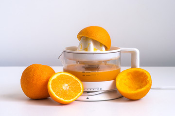 juicer and oranges on a white background