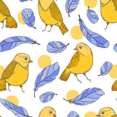 Seamless pattern bird and feather. Nature hand drawn style.Fashion print textile fabric.