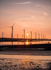 sunset view of Gaomei wetlands landscape and the wind power plant in Taichung, Taiwan. energy systems and renewable energy.