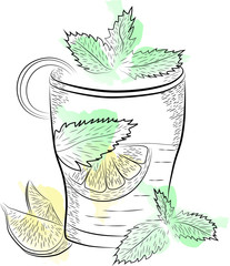 Glass with mint and lemon handmade scratch drink. Machine engraving. Vector illustration of a cocktail in a glass