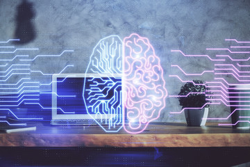 Double exposure of work table with computer and brain sketch hologram. Brainstorming concept.