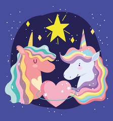 cute unicorns portrait rainbow mane heart and star cartoon