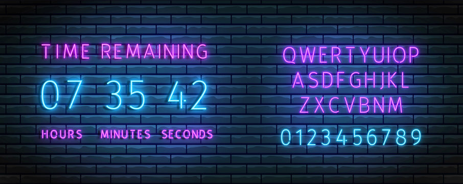 Countdown timer. Neon clock counter wiht font. Vector. Time remainig board. Illuminated digital count down. Glowing hours, minutes and seconds on brick wall. Scoreboard on display. Led illustration.
