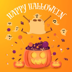 Black boy in ghost costume jump on the pumpkin with pile of candy. 