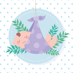 baby shower, dotted blanket with little boy with leaves decoration, welcome newborn celebration card