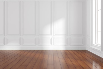 3D render of empty room with wooden floor and classic wall.	
