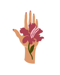 Female hand holding a flower. Illustration for cosmetics, personal care, ecology. Vector illustration.