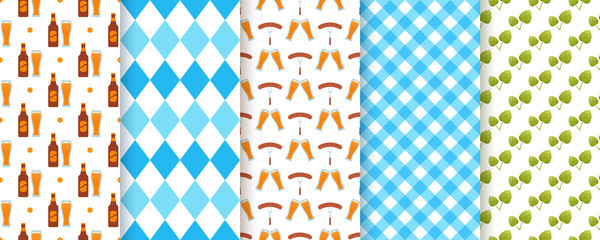Oktoberfest background. Octoberfest seamless pattern. Vector. Prints with rhombus, beer, hop and plaid. Set of Bavarian diamond textures. Germany traditional wallpaper. Color illustration.