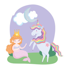 unicorn and mermaid character grass cloud moon cartoon