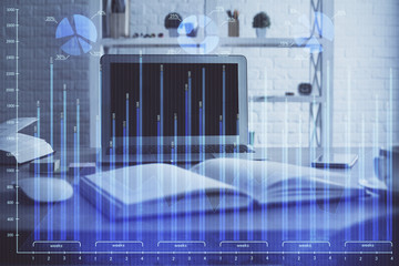 Double exposure of forex graph and work space with computer. Concept of international online trading.