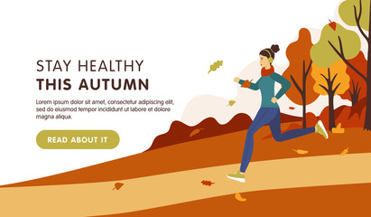 Stay healthy landing page template. Young brunette woman running in the autumn park in sport clothes. Vector cartoon flat illustration