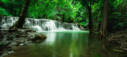 Panoramic Landscape of Huai Mae Khamin Waterfall in National Park, Kanchanaburi, Thailand