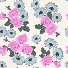 Fototapeta na wymiar Seamless vector illustration with roses and gerbera in vintage style.