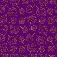 Seamless pattern, hand-drawn yellow leaves on purple background