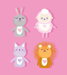 baby shower, cute animals lion sheep rabbit and cat hearts adorable cartoon icons