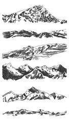 Vector hand drawn mountains, sketches set isolated on white background, wild nature illustrations, hatch drawings.