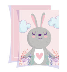 baby shower, cute bunny heart lovely leaves floral cartoon card