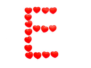 The letter E is made up of small red hearts isolated on a white background. Bright red font.