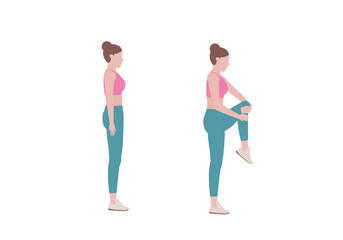 Woman doing exercises.  Benefits, doing easy stretches to relax. Balance pose, flexibility improvement. Isolated vector illustration in cartoon style. Fitness and health