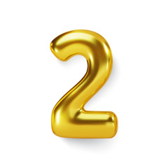 Golden Number Balloon 2 Two. Vector realistic 3d character