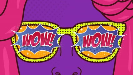Wow text on speech bubble over woman wearing glasses - Powered by Adobe