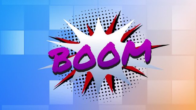 Boom text on speech bubble against boxes moving on blue background