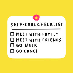 Short self-care checklist. Illustration on yellow background.