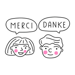 Two happy kids speaking in different languages. Merci and Danke it's thank you in French and German. Hand drawn vector illustration on white background.