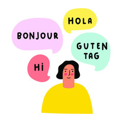 Woman speaking in different languages. Hi, bonjour, hola, guten tag it's greeting in English, French, Spanish, German. Bilingual concept. Hand drawn vector illustration on white background. © Igor
